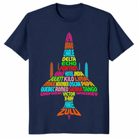 Phonetic alphabet shirt in navy, jet shape built from rainbow code words