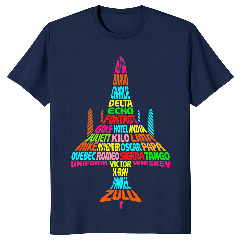 Phonetic alphabet shirt in navy, jet shape built from rainbow code words