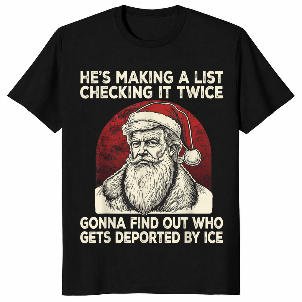 Political christmas shirt with stern vintage Santa and list joke, black