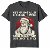 Political christmas shirt with stern vintage Santa and list joke, dark heather grey