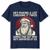 Political christmas shirt with stern vintage Santa and list joke, navy