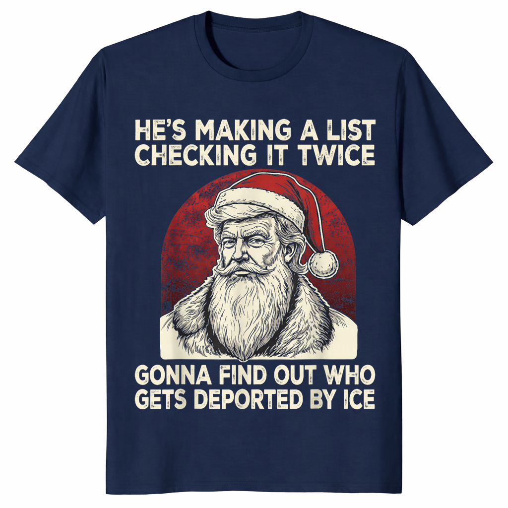 Political christmas shirt with stern vintage Santa and list joke, navy