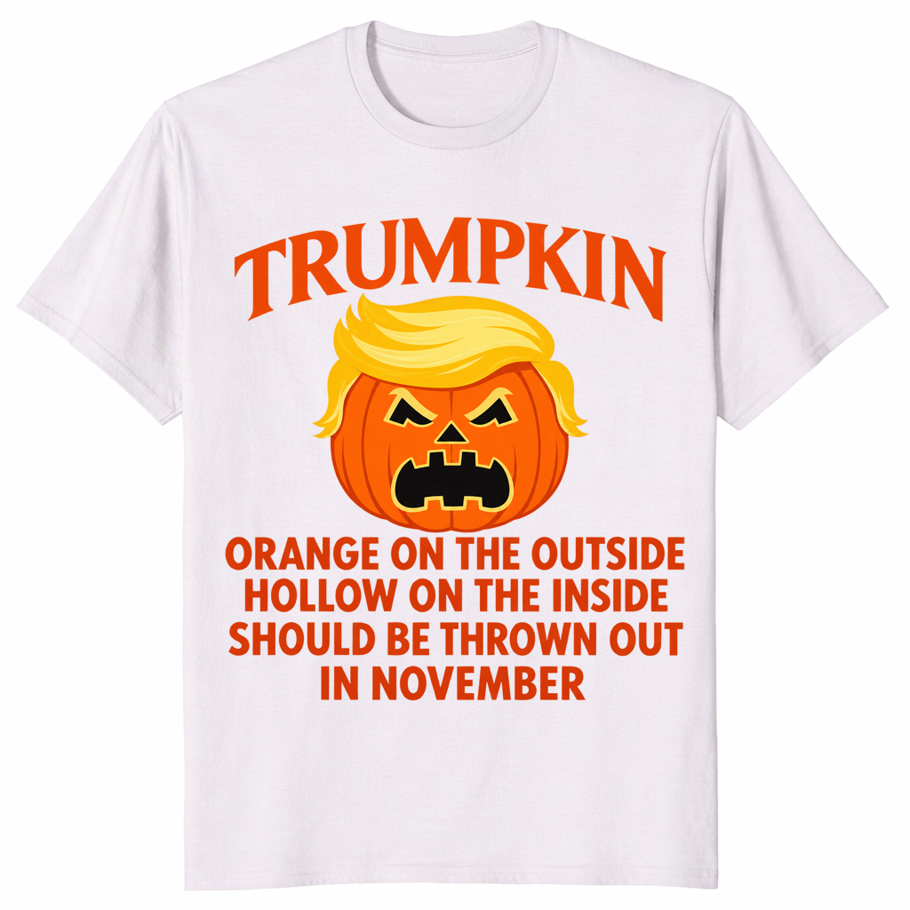Political Halloween shirt in ice grey with a Trumpkin jack-o-lantern satire design