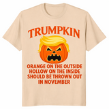 Political Halloween shirt in sand with a Trumpkin jack-o-lantern satire design