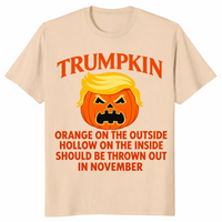 Political Halloween shirt in sand with a Trumpkin jack-o-lantern satire design