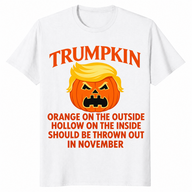 Political Halloween shirt in white with a Trumpkin jack-o-lantern satire design