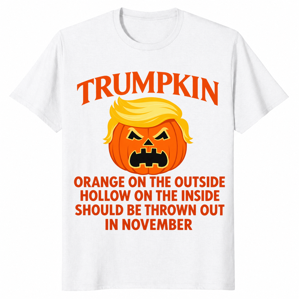 Political Halloween shirt in white with a Trumpkin jack-o-lantern satire design