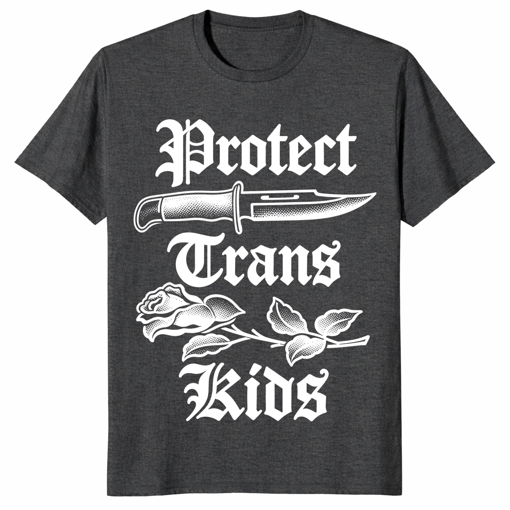 Gothic protect trans kids tee with rose and blade artwork
