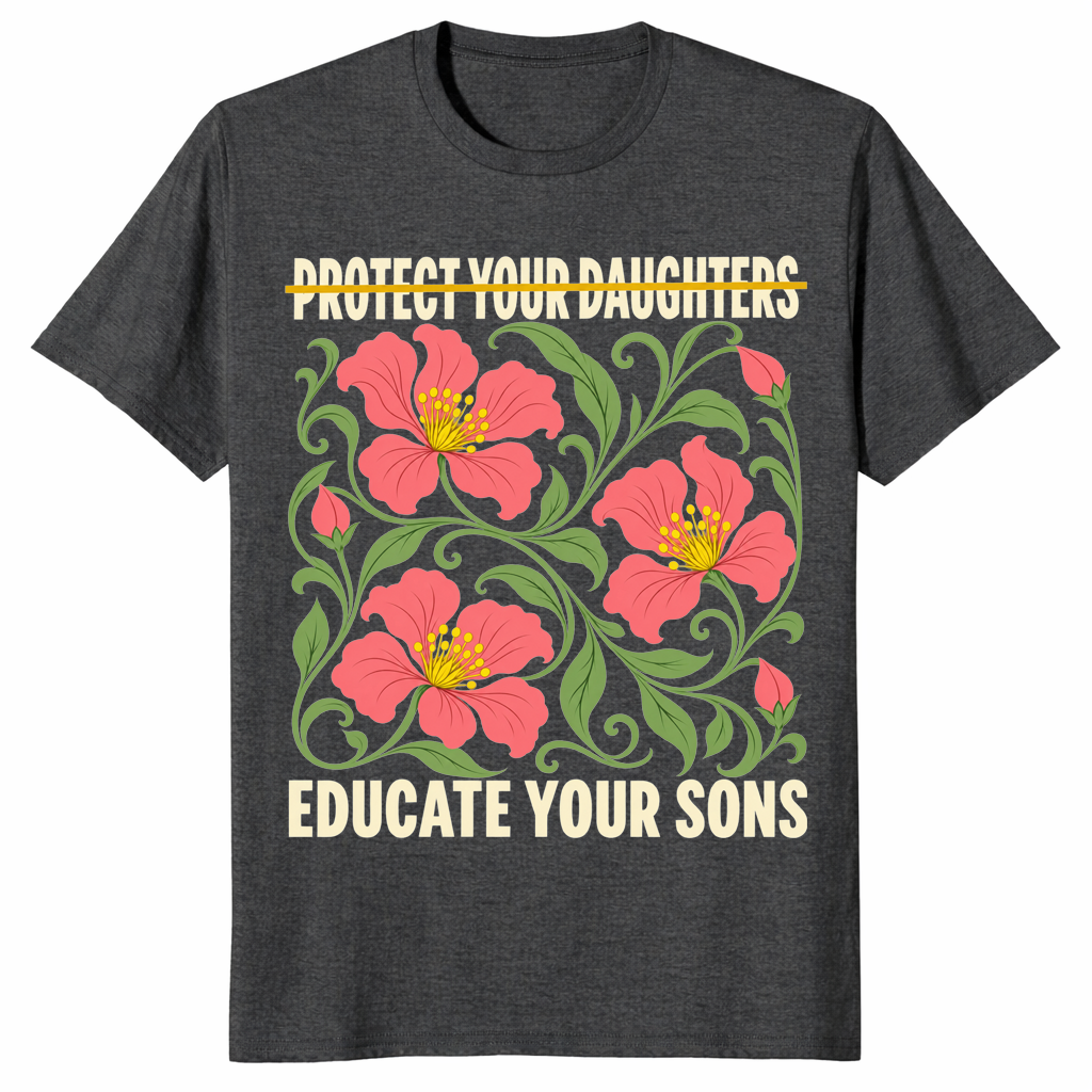 Protect your daughters shirt in dark heather grey with Educate Your Sons feminist message