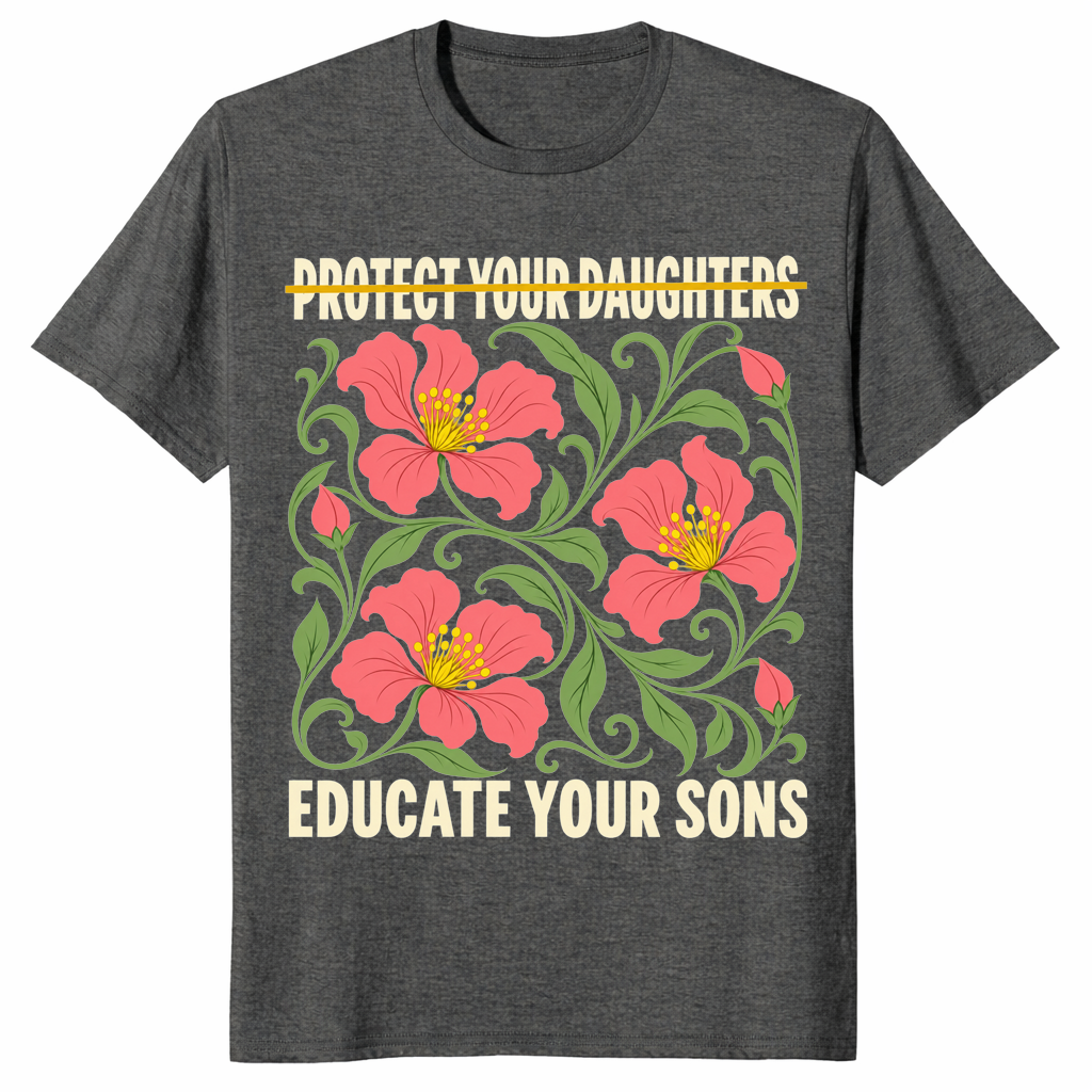 Protect your daughters shirt in dark heather with Educate Your Sons feminist message