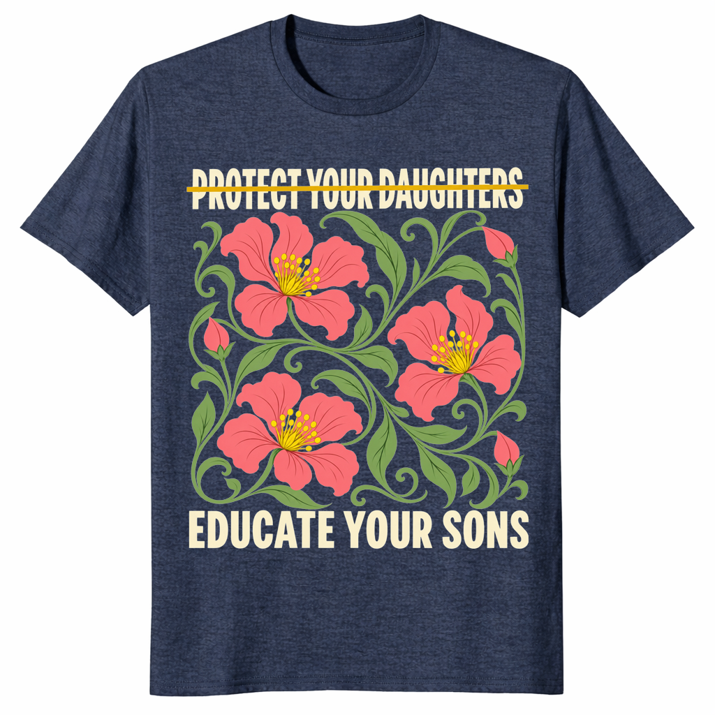 Protect your daughters shirt in heather navy with Educate Your Sons feminist message