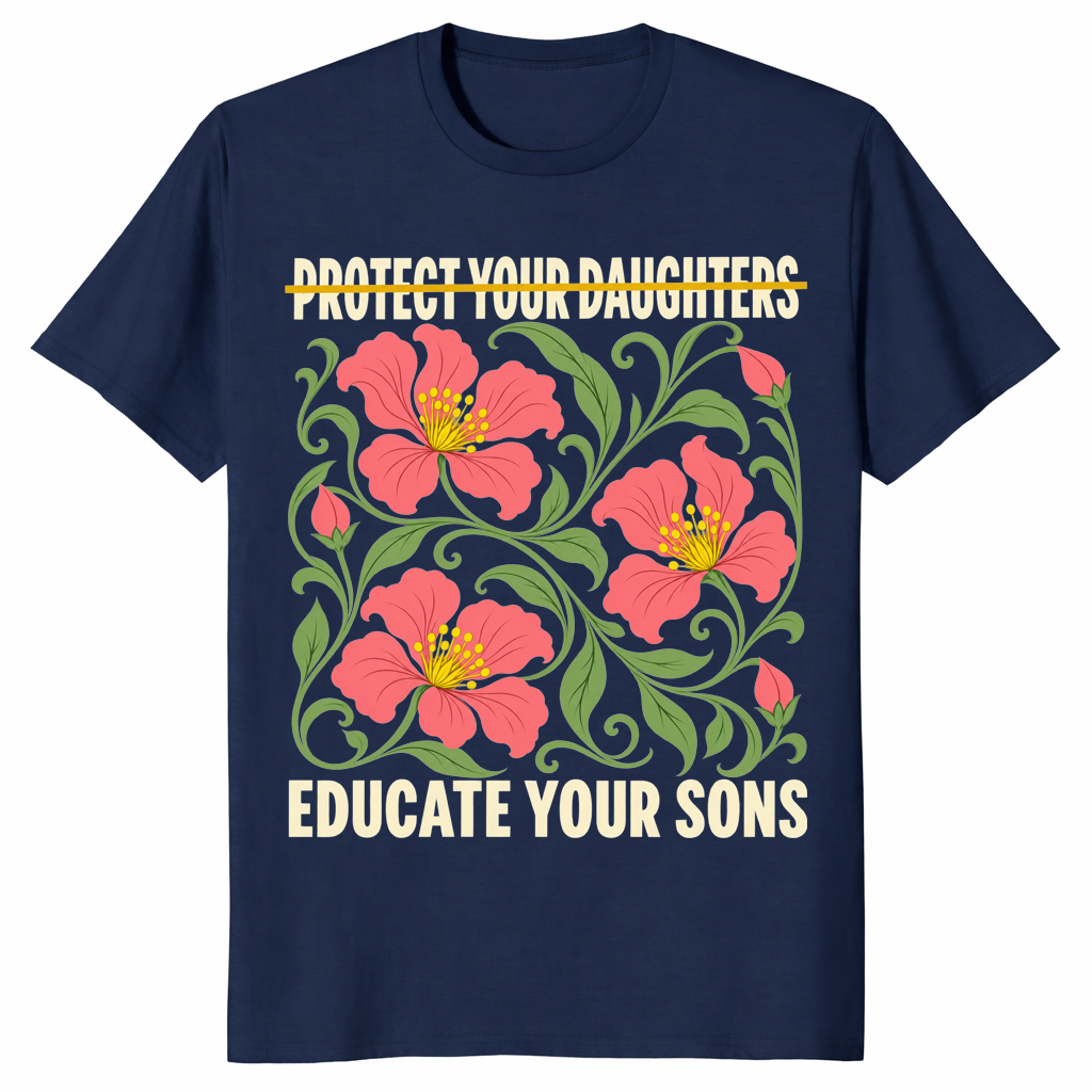 Protect your daughters shirt in navy with Educate Your Sons feminist message