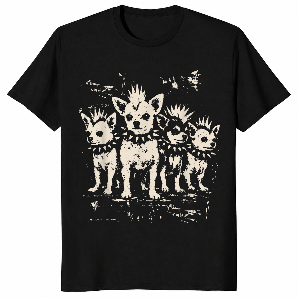 Black punk chihuahua shirt with a vintage rock graphic of a mohawk dog in a spiked collar