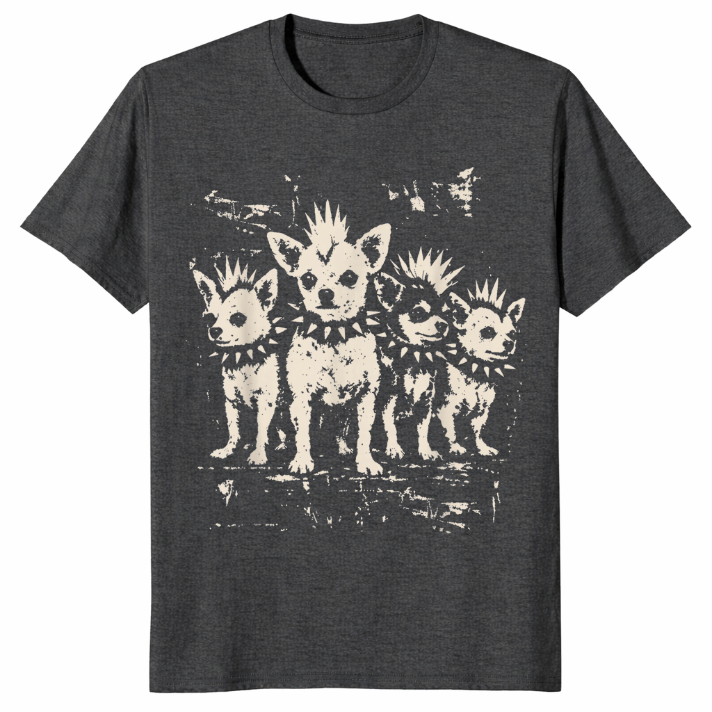 Dark Heather Grey punk chihuahua shirt with a vintage rock graphic of a mohawk dog in a spiked collar