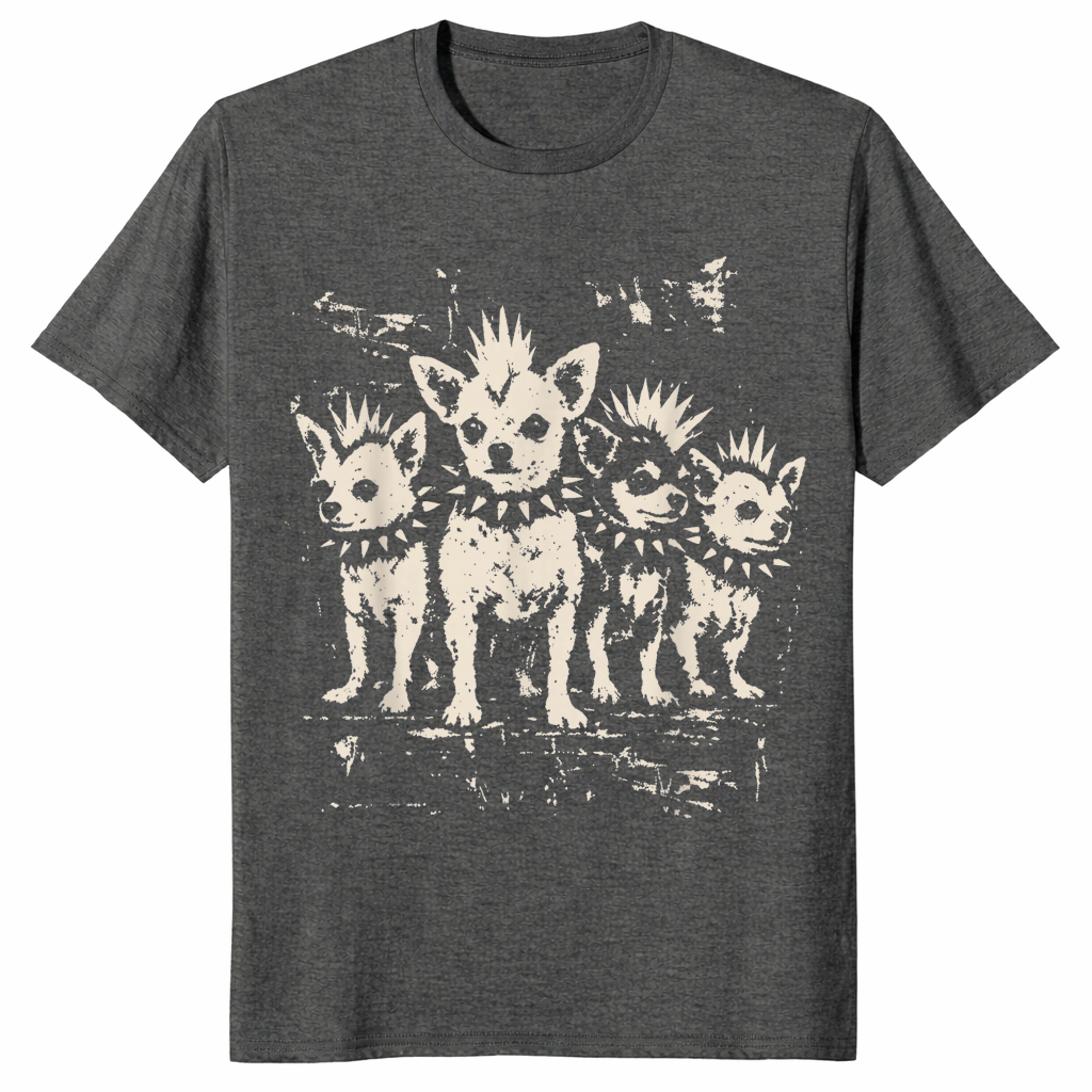Dark Heather punk chihuahua shirt with a vintage rock graphic of a mohawk dog in a spiked collar