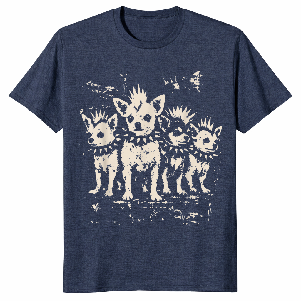 Heather Navy punk chihuahua shirt with a vintage rock graphic of a mohawk dog in a spiked collar