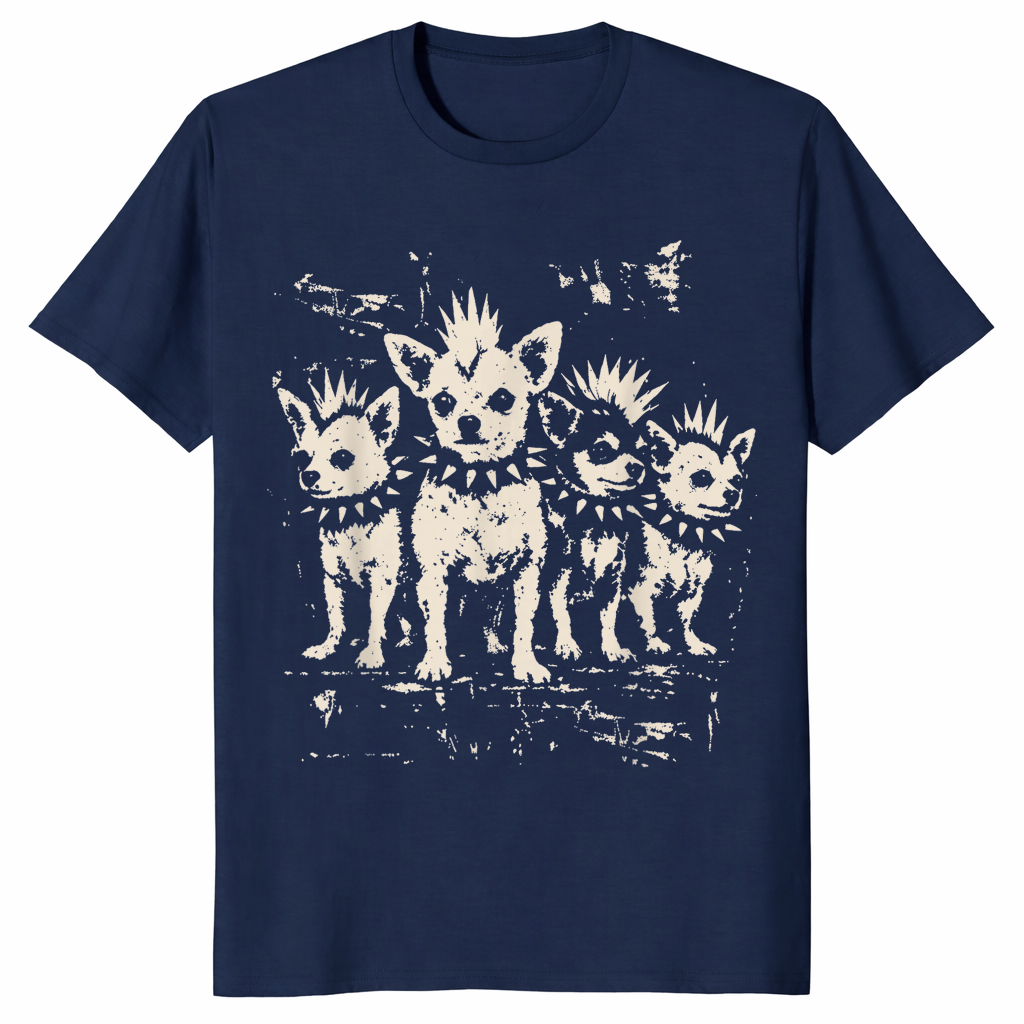 Navy punk chihuahua shirt with a vintage rock graphic of a mohawk dog in a spiked collar