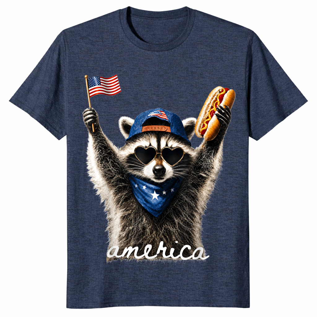 Raccoon hot dog 4th of July shirt heather navy