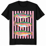 Black rainbow trout shirt with a colorful preppy lake life fishing graphic