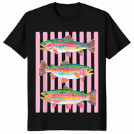Black rainbow trout shirt with a colorful preppy lake life fishing graphic