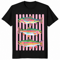 Black rainbow trout shirt with a colorful preppy lake life fishing graphic