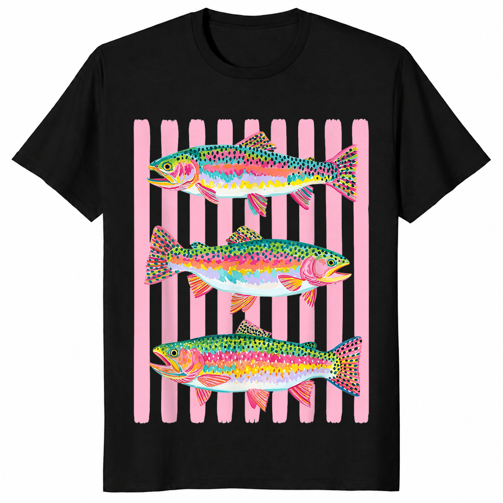 Black rainbow trout shirt with a colorful preppy lake life fishing graphic