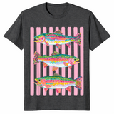 Dark Heather Grey rainbow trout shirt with a colorful preppy lake life fishing graphic