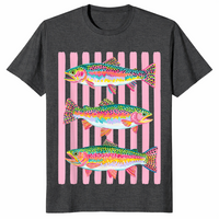 Dark Heather Grey rainbow trout shirt with a colorful preppy lake life fishing graphic