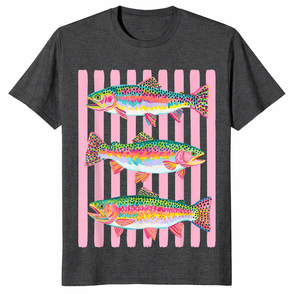 Dark Heather Grey rainbow trout shirt with a colorful preppy lake life fishing graphic