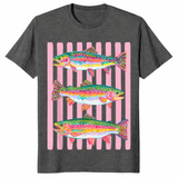 Dark Heather rainbow trout shirt with a colorful preppy lake life fishing graphic