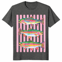 Dark Heather rainbow trout shirt with a colorful preppy lake life fishing graphic