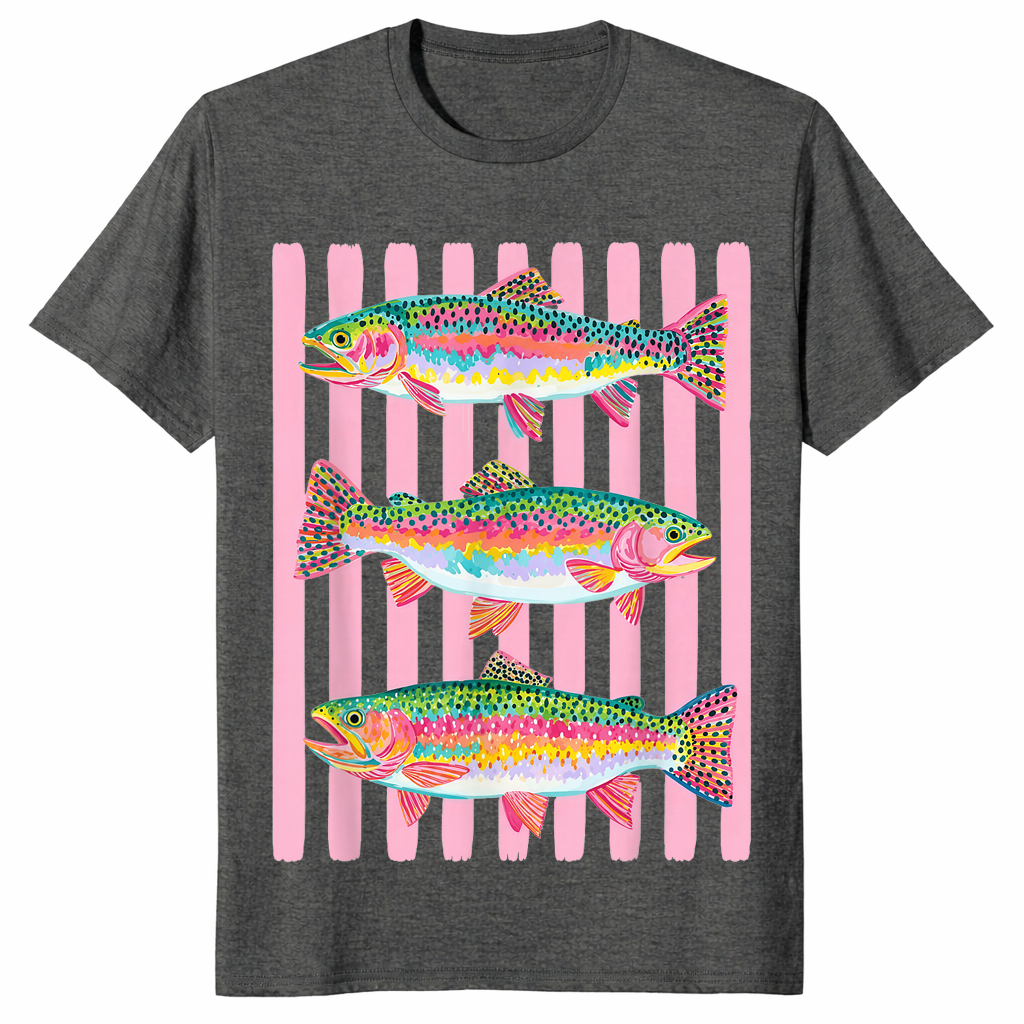 Dark Heather rainbow trout shirt with a colorful preppy lake life fishing graphic
