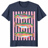 Heather Navy rainbow trout shirt with a colorful preppy lake life fishing graphic
