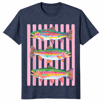Heather Navy rainbow trout shirt with a colorful preppy lake life fishing graphic