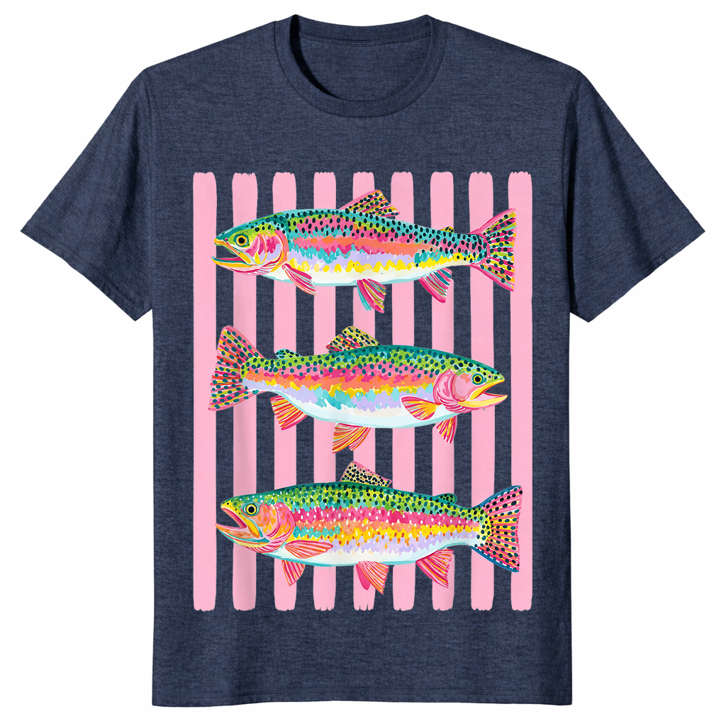 Heather Navy rainbow trout shirt with a colorful preppy lake life fishing graphic