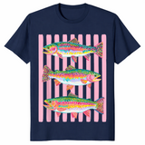 Navy rainbow trout shirt with a colorful preppy lake life fishing graphic
