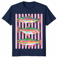 Navy rainbow trout shirt with a colorful preppy lake life fishing graphic