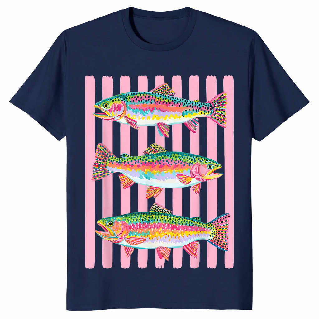 Navy rainbow trout shirt with a colorful preppy lake life fishing graphic