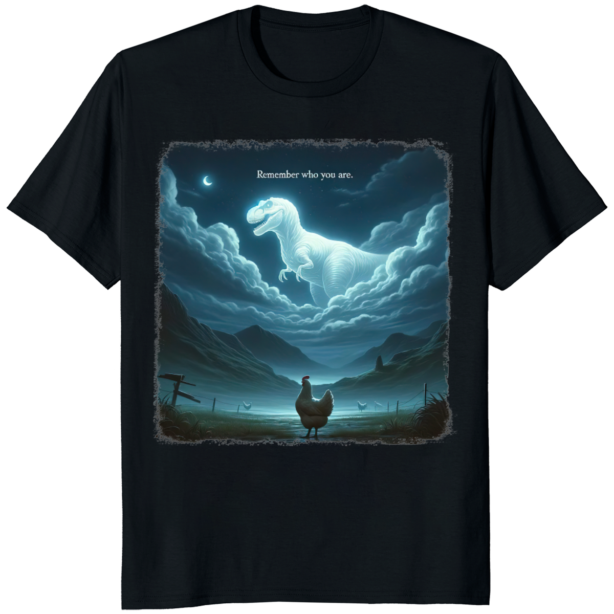 Remember Who You Are shirt with chicken and dinosaur by Cuccico