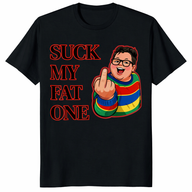 Retro 80s middle finger t-shirt with bold “Suck My Fat One” offensive adult humor design