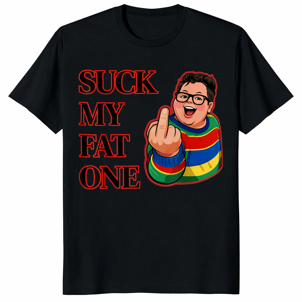 Retro 80s middle finger t-shirt with bold “Suck My Fat One” offensive adult humor design