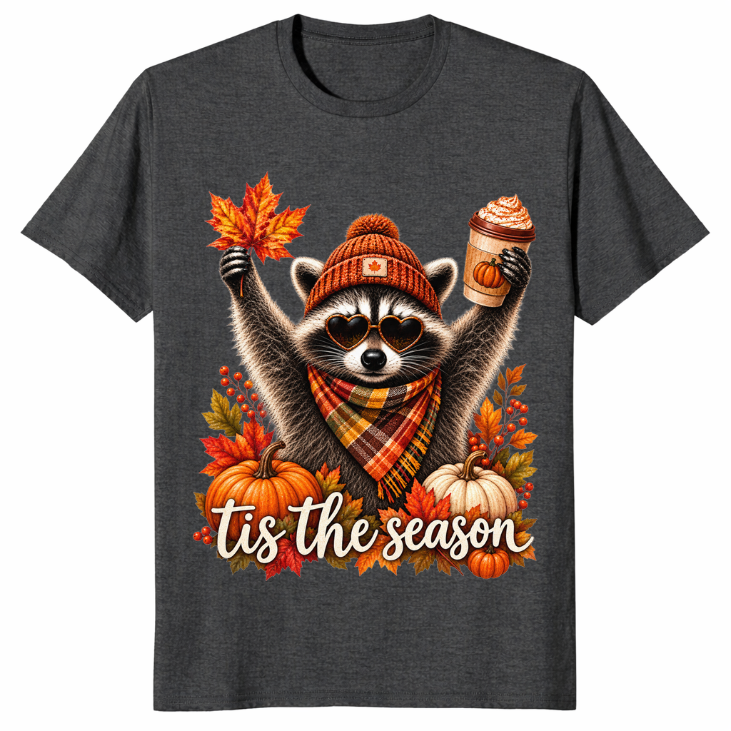 Retro autumn raccoon shirt in Dark Heather Grey