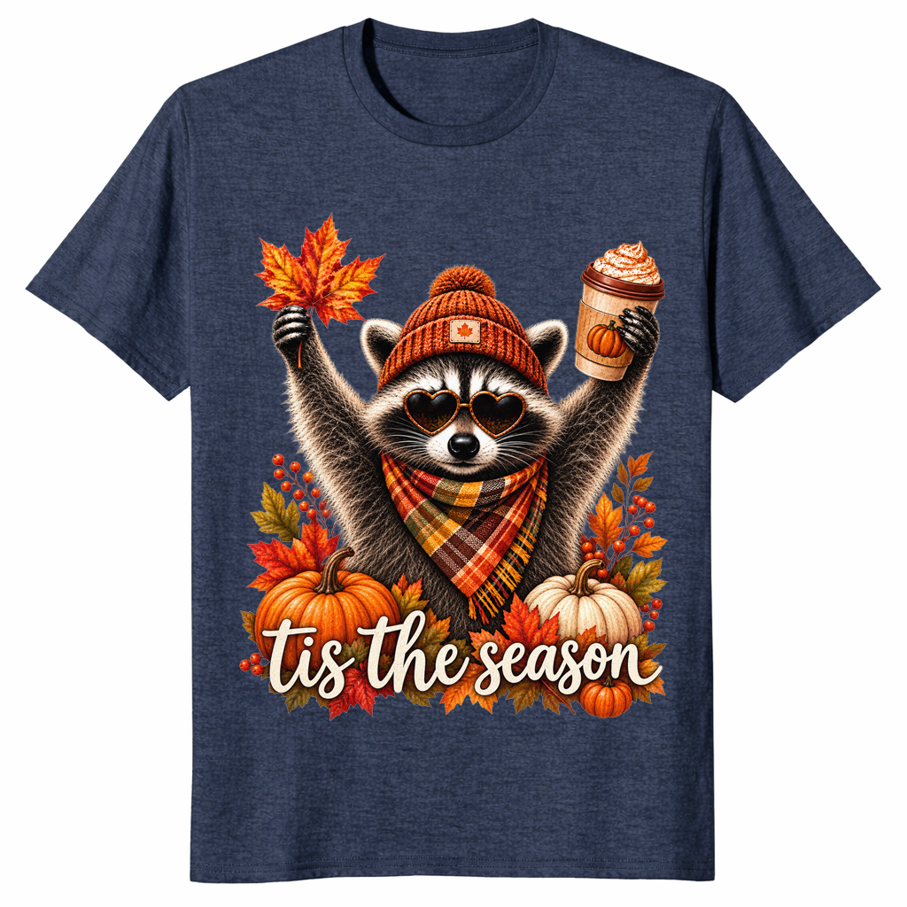 Retro autumn raccoon shirt in Heather Navy