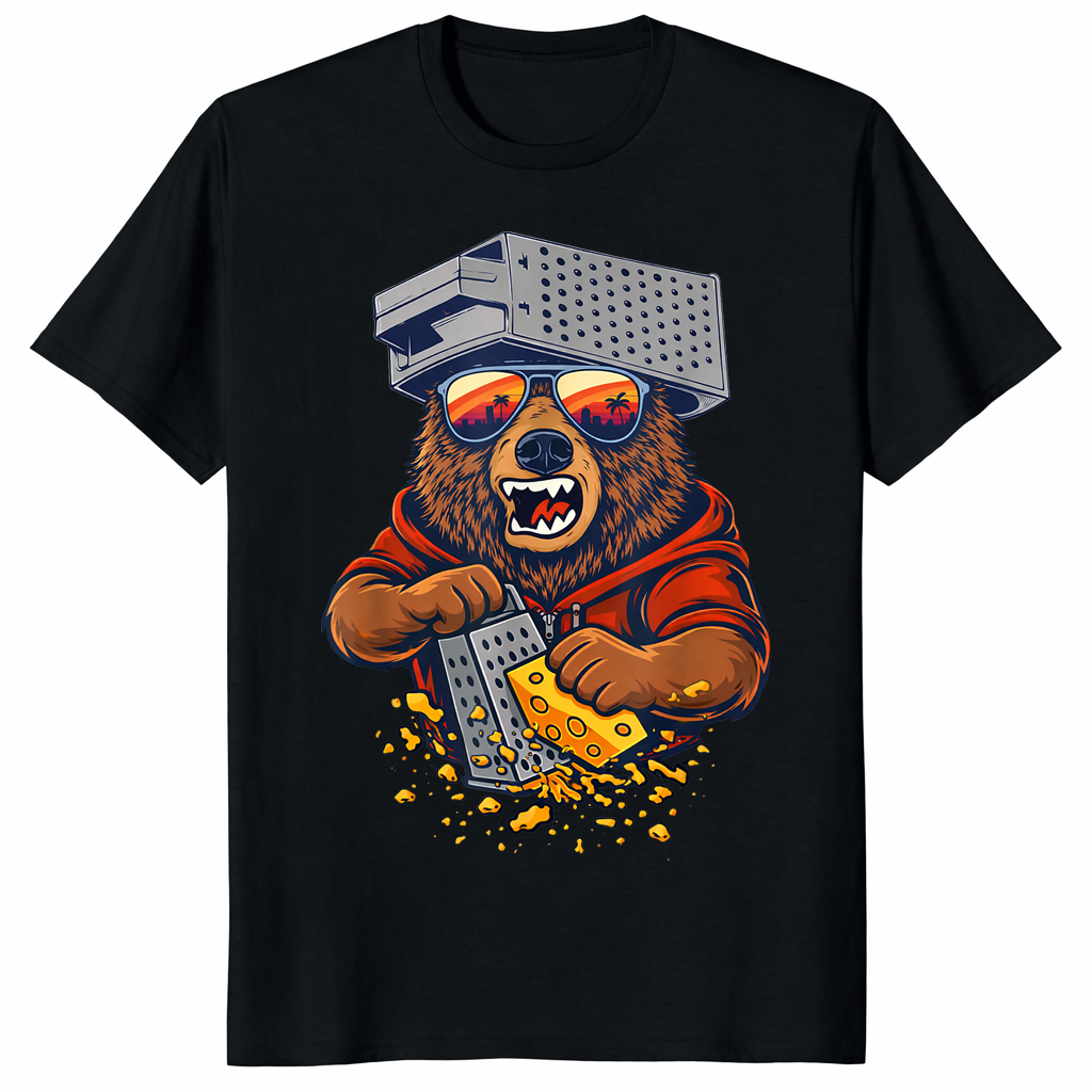 Retro bear cheese grater hat tee showing funny bear grating cheese with cool sunglasses sunset art