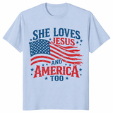 She Loves Jesus and America Too Patriotic Christian Tee in Light Blue