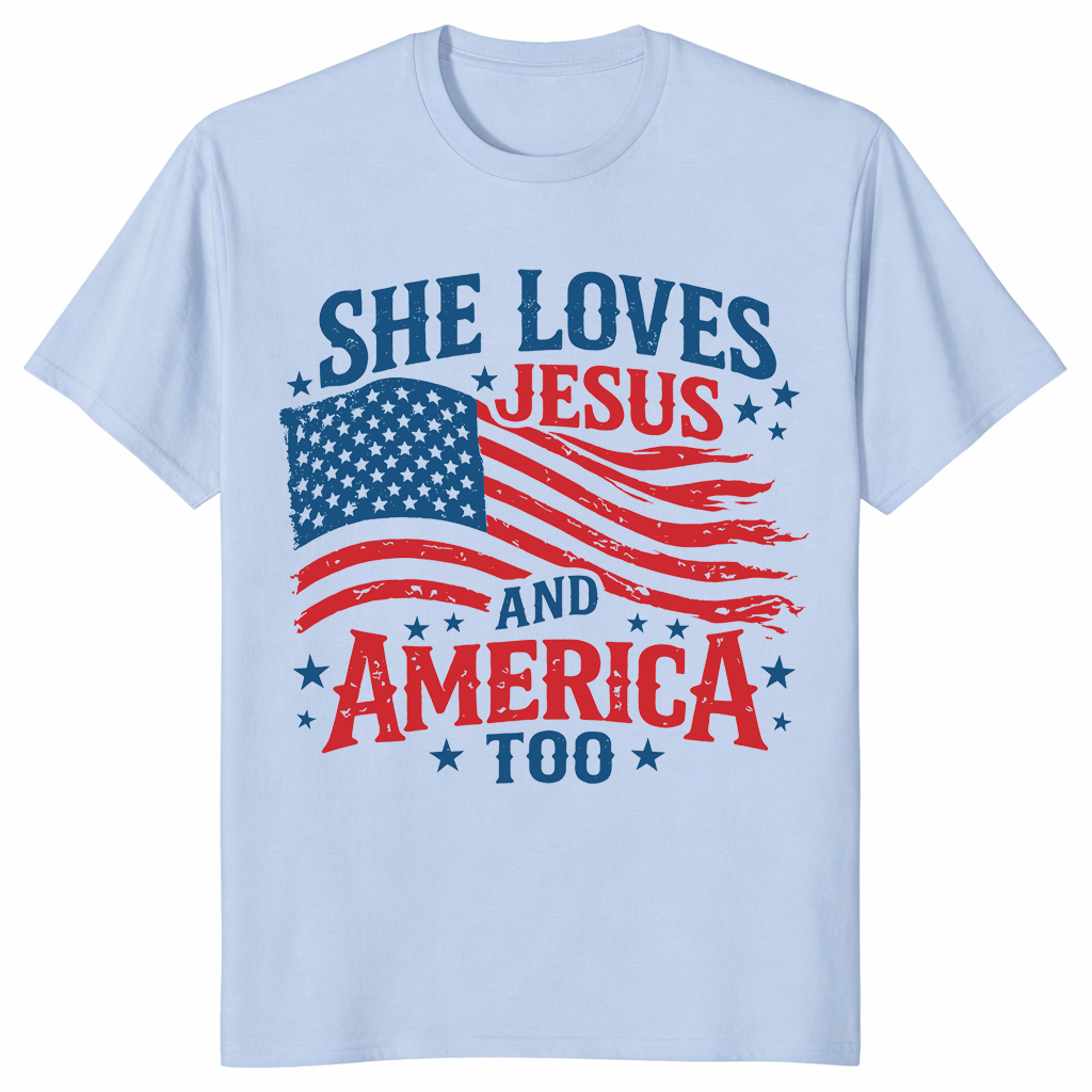 She Loves Jesus and America Too Patriotic Christian Tee in Light Blue