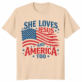 Retro USA 250th Year She Loves Jesus and America 4th of July Shirt in Sand