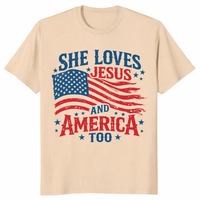 Retro USA 250th Year She Loves Jesus and America 4th of July Shirt in Sand