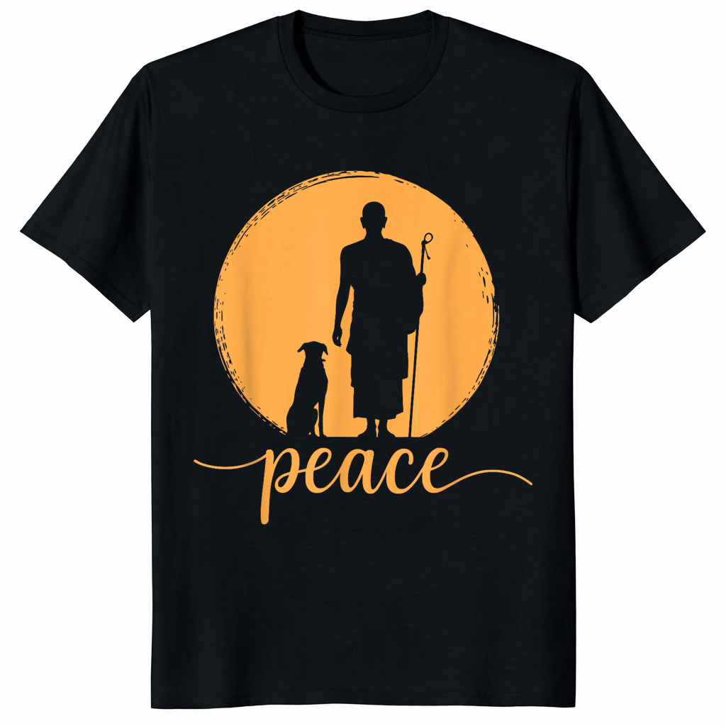 Retro Zen “Walk for Peace” monk and dog lover minimalist spiritual t-shirt