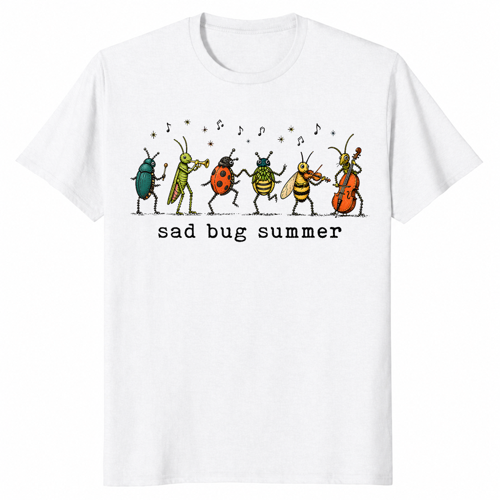 White Sad Bug Summer shirt with a small miserable insect in indie aesthetic linework